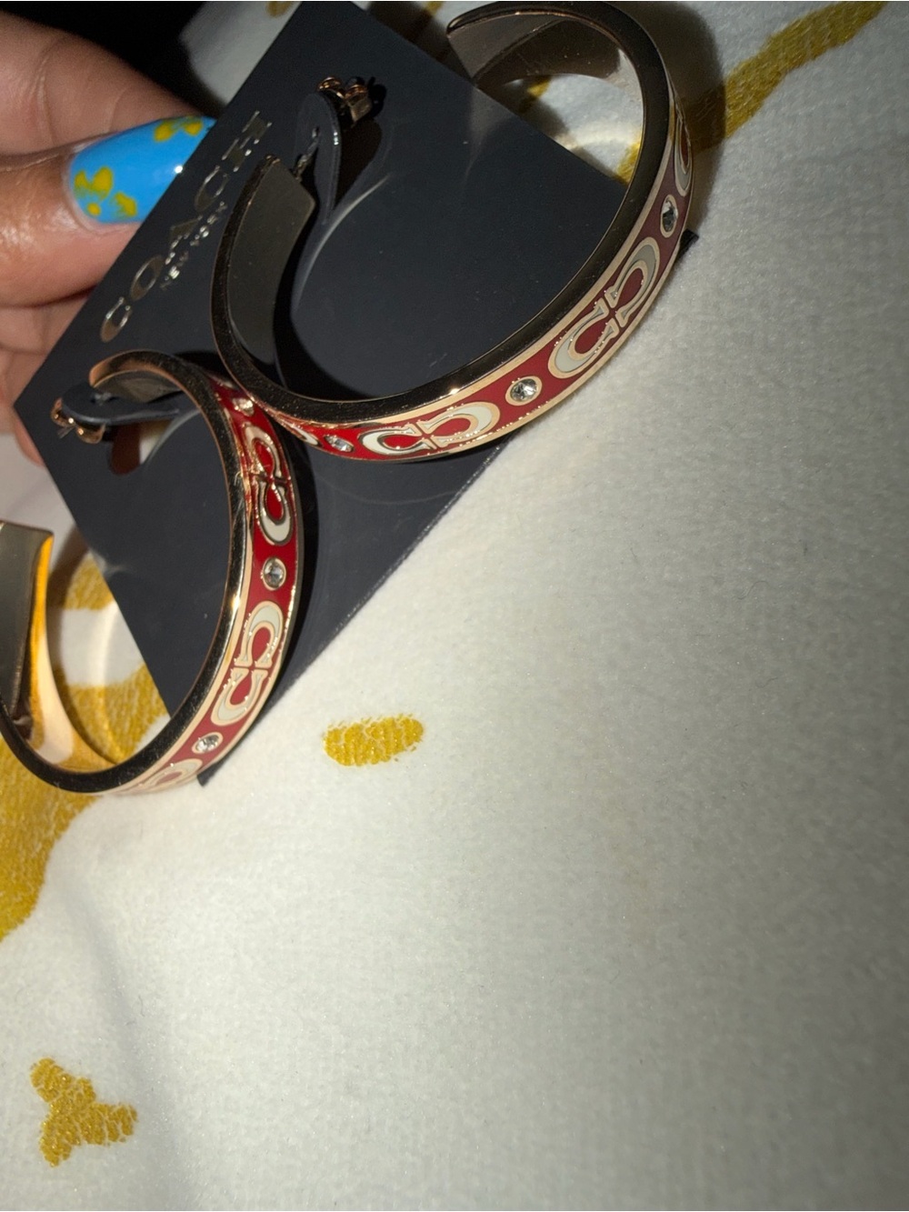 COACH Red Enamel Signature Hoop Earrings with Crystals - Picture 4 of 5